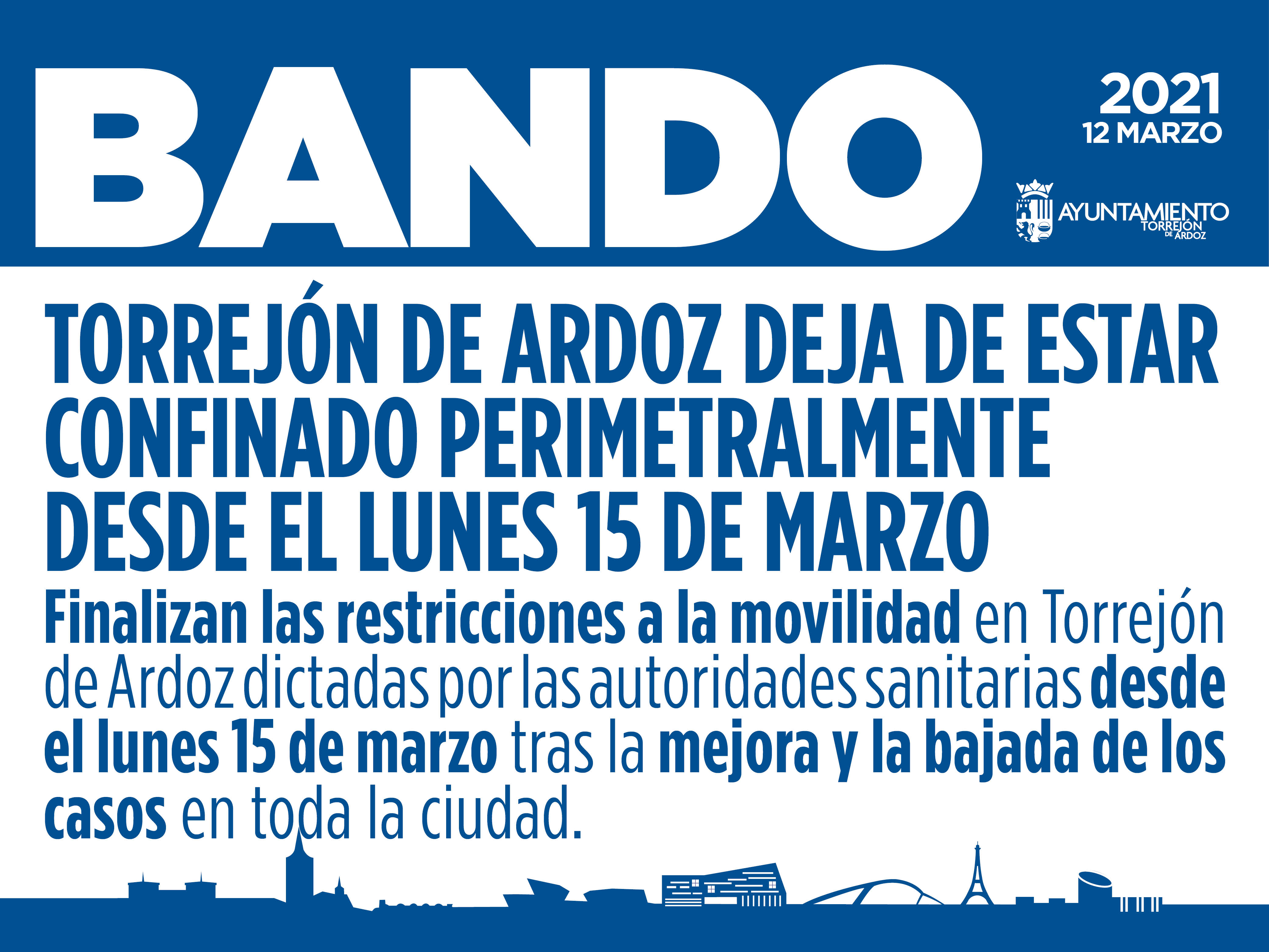 AVISO IMPORTANTE: Torrejón de Ardoz deja de estar confinado perimetralmente desde el lunes 15 de marzo